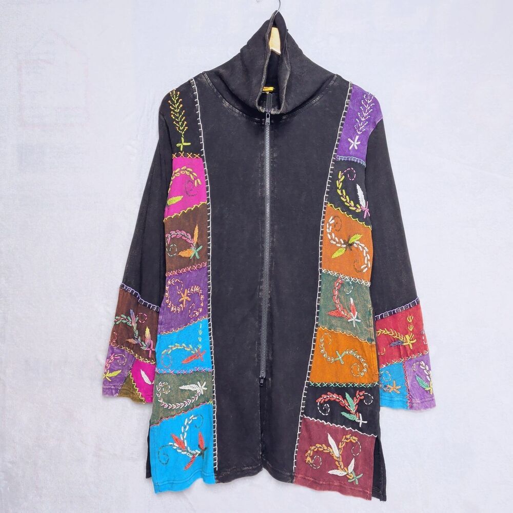 KARMA CIRCLE Black Patchwork Embroidered Jacket Size L Longline Funnel Neck